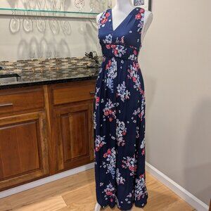 Japna Size Small Navy Floral Maxi Dress - V-Neck Smocked Waist & Button-Back